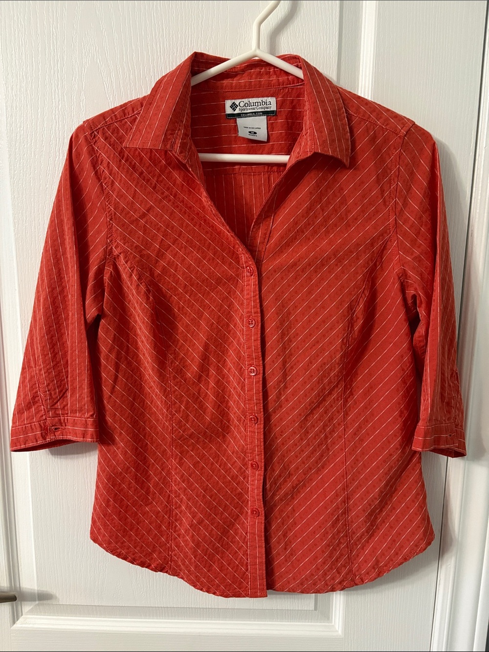 Columbia Women's Orange-Red Pinstripe Button Down Shirt